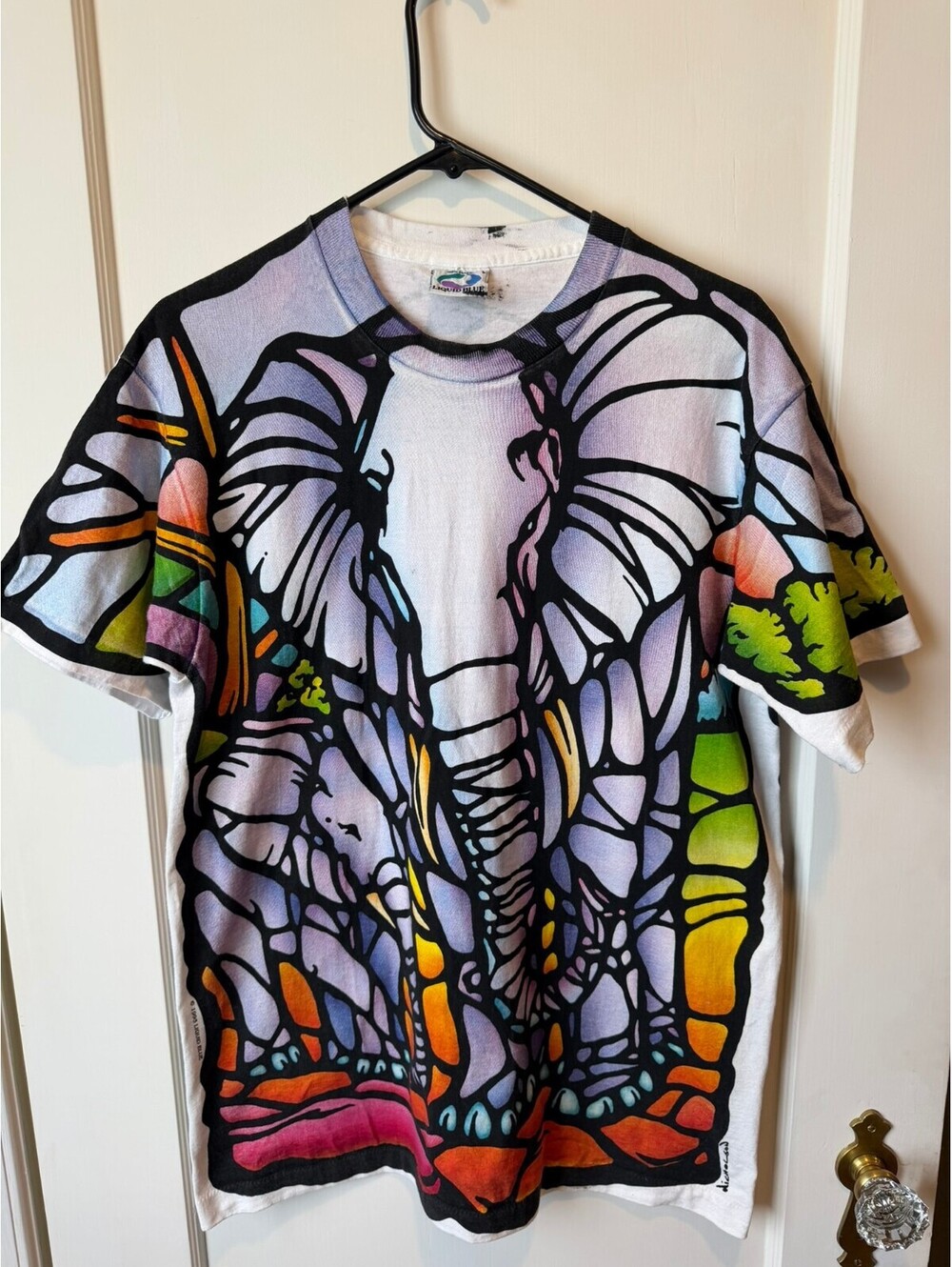 Vintage 1993 Liquid Blue Elephant Stained Glass Shirt Size L USA